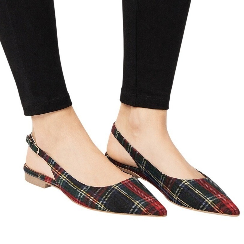 NIB‎ Matiko Lori Plaid Slingback Pointed Toe Flats Green Tartan 6/36 Office